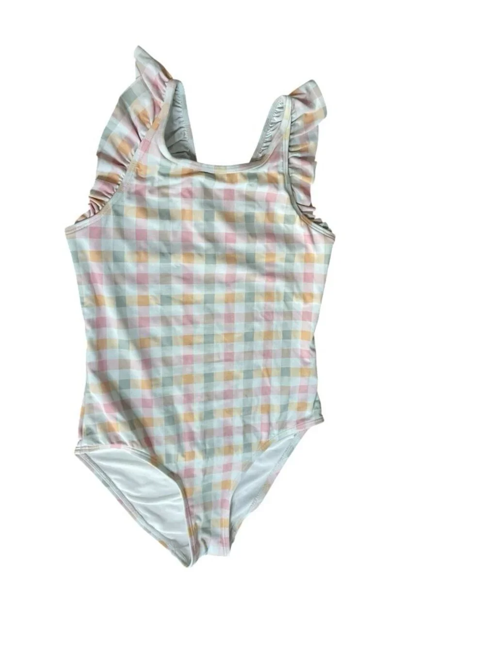 Petit Lem Girls Pastel Gingham Plait Pattern Ruffle One Piece Swimsuit Size 6X